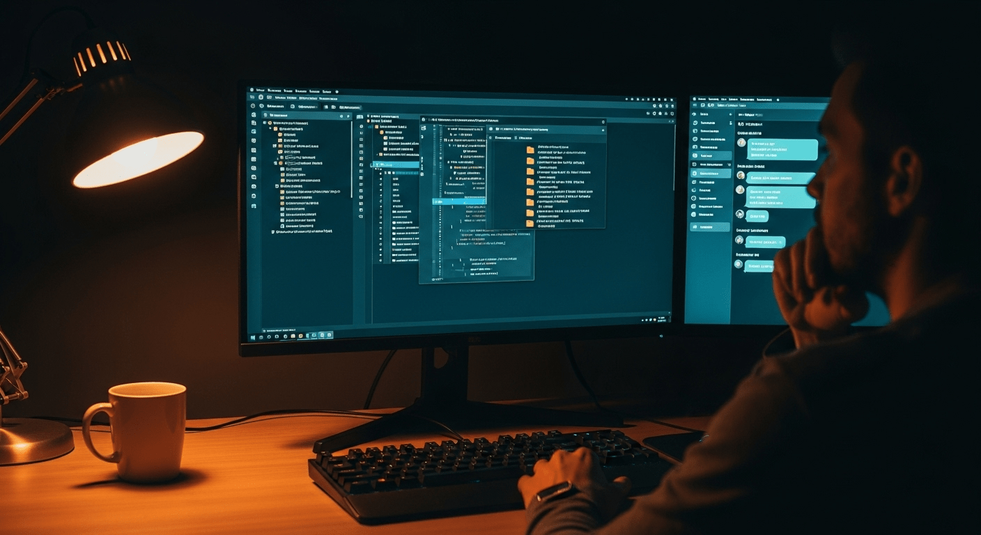 A developer's dual monitor setup at night showing VS Code on the main screen with a well-organized `.vscode/prompts` folder structure open in the sidebar, glowing code snippets and markdown prompt files visible, a second monitor displaying an AI chat interface with contextual responses. Dramatic desk lamp illumination from the left creates warm pools of light on the mechanical keyboard and coffee mug, while cool blue monitor glow illuminates the developer's face in contemplation, shallow depth of field with focus on the organized prompt files. Cinematic realism with high contrast between warm practical lighting and cool screen glow, professional workspace photography, 8k quality, teal and orange color grading, rule of thirds composition with negative space on the right for text overlay.