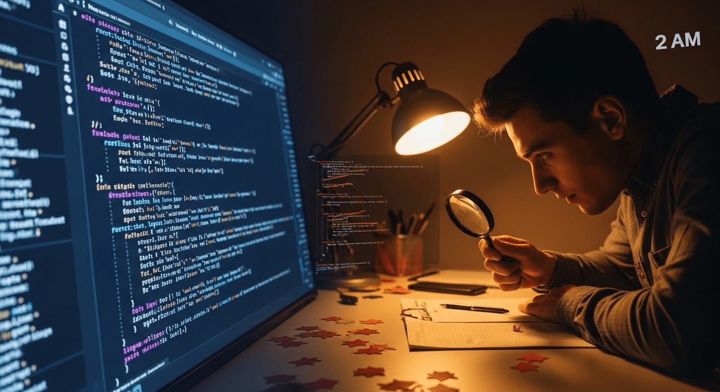 A contemplative cinematic split-screen scene: on the left, an AI generating flawless-looking code on a glowing screen with beautiful syntax highlighting and perfect formatting, representing the seductive appeal of AI-generated solutions; on the right, a focused developer hunched over their desk at 2 AM with warm desk lamp lighting, magnifying glass in hand, carefully examining each line of code with red annotations and bug markers scattered around, showing the reality of debugging AI mistakes. The transition between the two sides should be a subtle visual metaphor of code that appears perfect but contains hidden flaws, with warm/cool lighting contrast emphasizing the contemplative mood of hard-learned wisdom.