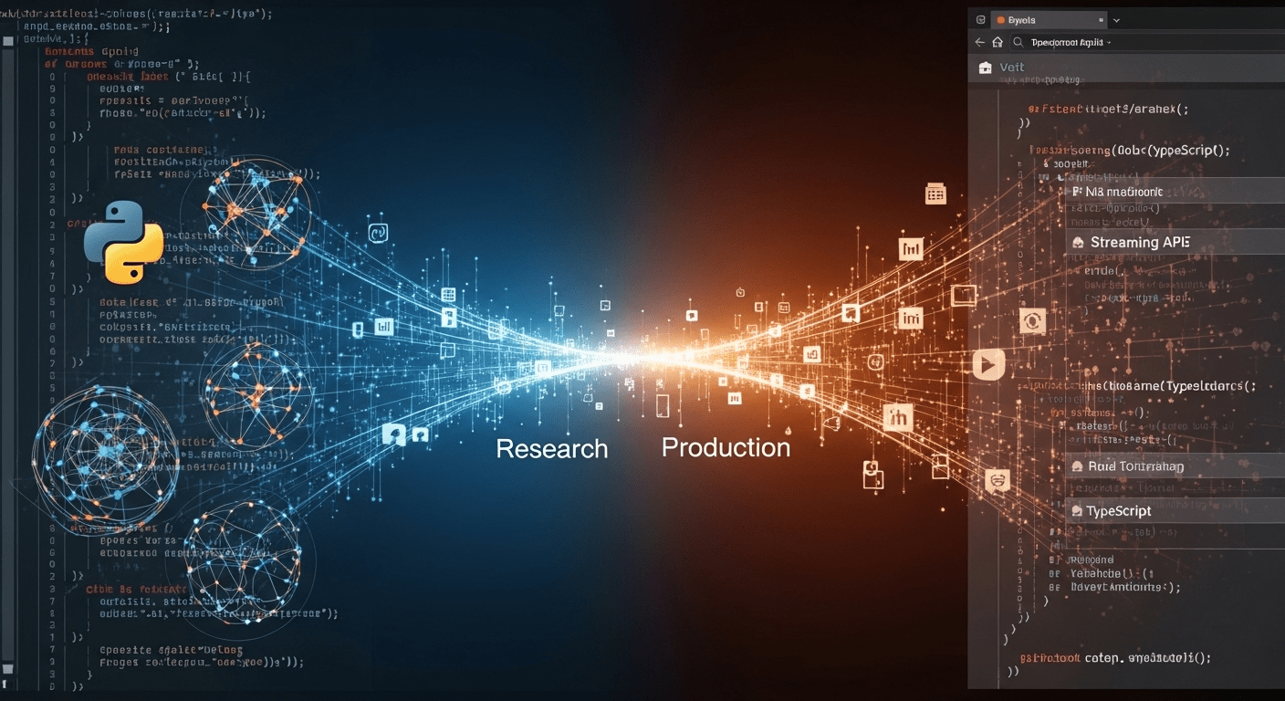 A cinematic split-screen composition showing the evolution of production AI development: on the left, Python code and ML models representing research and training (darker, academic feel with neural network visualizations), on the right, TypeScript code with streaming APIs and web interfaces representing production deployment (brighter, modern feel with real-time data flows). The transition between sides flows like a bridge made of glowing code elements and data streams, symbolizing the shift from research to production. Professional photography quality with warm lighting on the TypeScript side and cooler tones on the Python side.