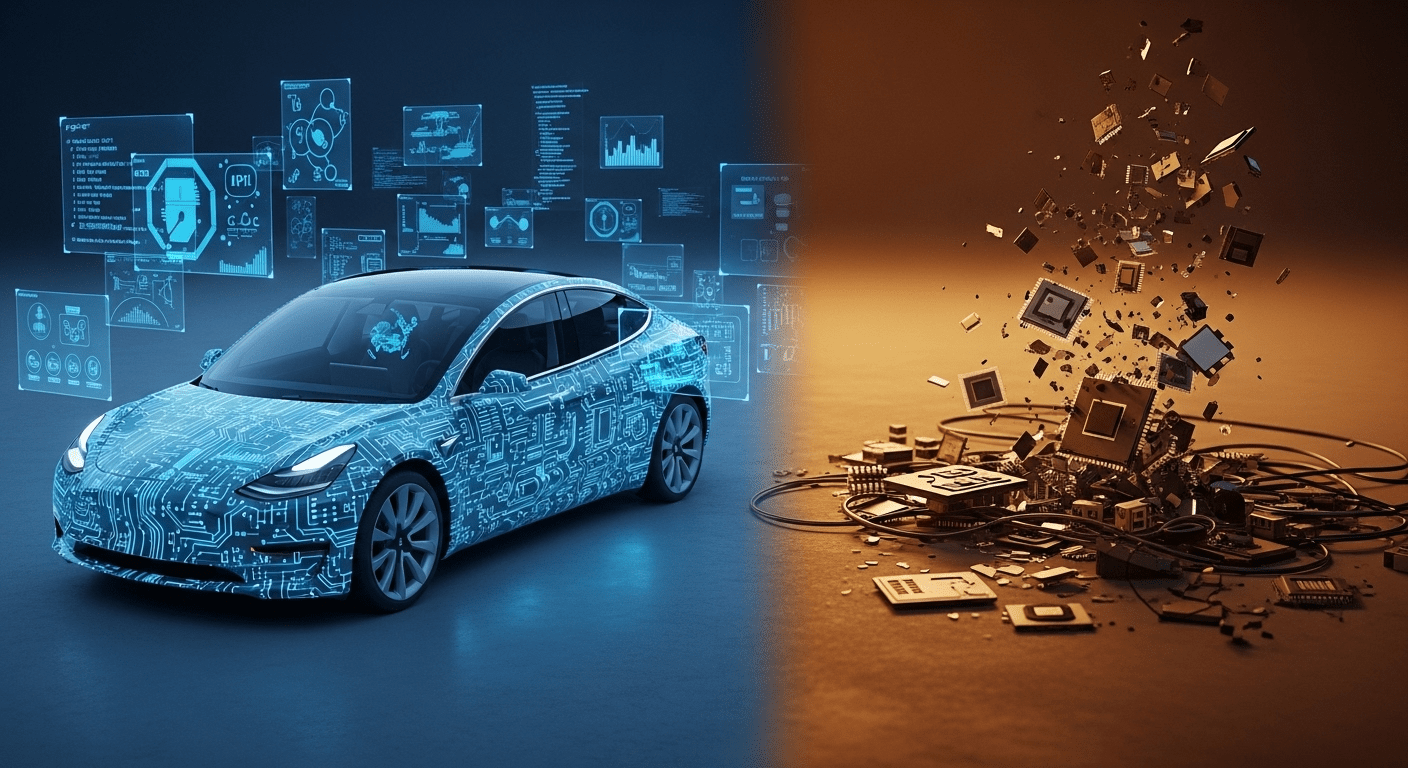 Tesla's comprehensive vertical integration compared to traditional competitors across auto, software, energy, and other categories