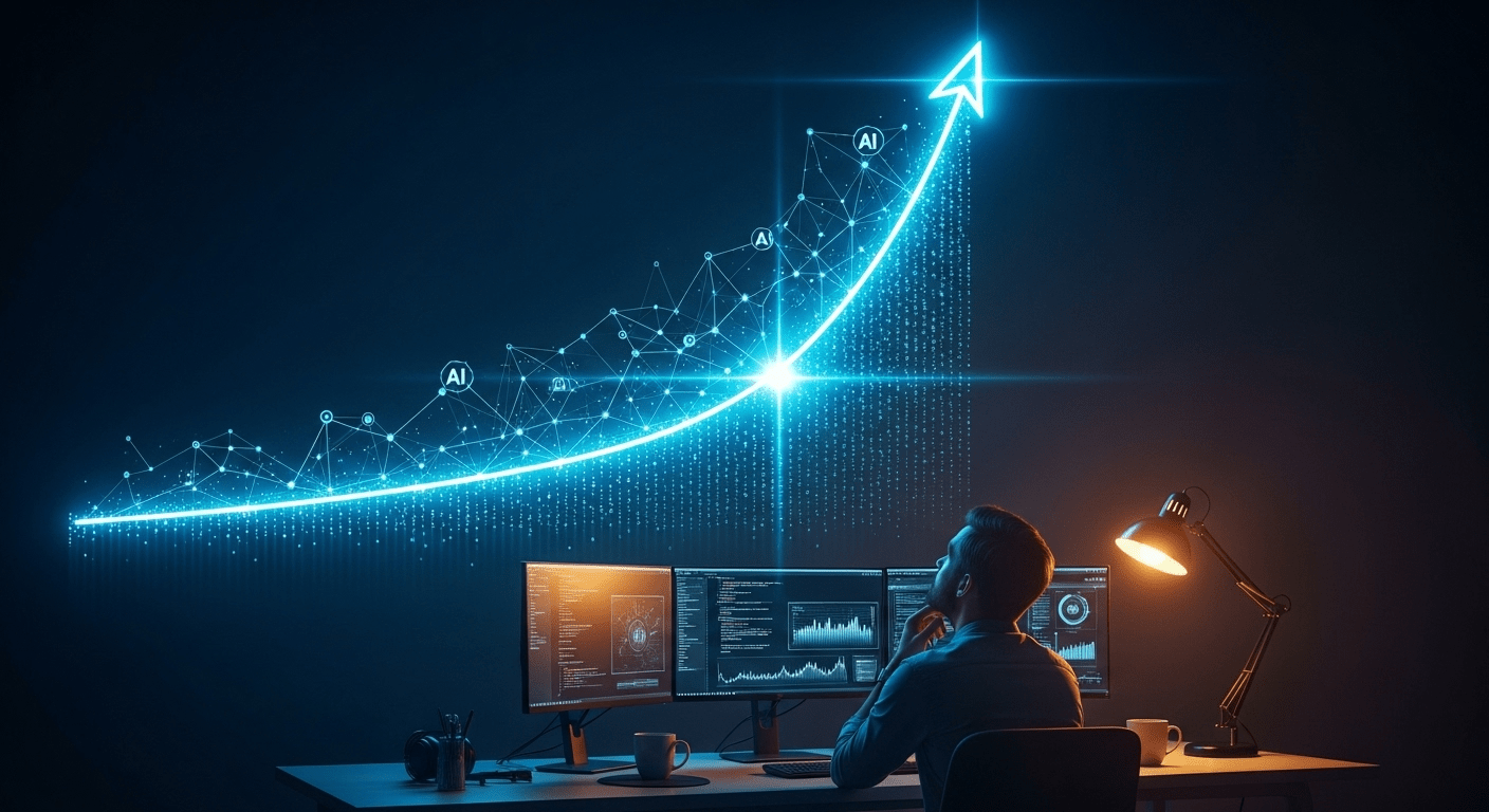 A dramatic visualization of an exponential curve rising sharply upward made of glowing holographic data points and neural network connections, transforming from a flat linear path into a steep acceleration curve. In the foreground, a software developer sits at a modern desk with dual monitors displaying code and AI interfaces, gazing up at the luminous curve with a mix of contemplation and realization, backlit by the glow of the visualization. Cinematic lighting with deep blue and cyan tones from the holographic elements contrasting with warm amber desk lamp light, creating depth and atmosphere. Photorealistic rendering, 8k quality, shallow depth of field focusing on the developer and curve intersection, professional commercial photography aesthetic with high contrast color grading.