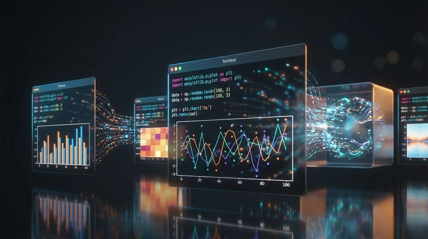 A glowing terminal window floating in mid-air inside a sleek, dark workspace, its screen displaying vibrant Python code alongside a colorful matplotlib chart rendering in real-time, with streams of luminous data particles flowing from the terminal into a translucent isolated container hovering beside it. Dramatic rim lighting in cool electric blue and warm amber picks out the edges of the floating elements against a deep charcoal background, with subtle bokeh circles suggesting depth. Cinematic photorealism, 8k quality, shallow depth of field with tack-sharp focus on the terminal screen, professional photography composition following rule of thirds. High contrast color grading with teal, orange, and violet accents, 16:9 landscape format with negative space on the left for potential text overlay.