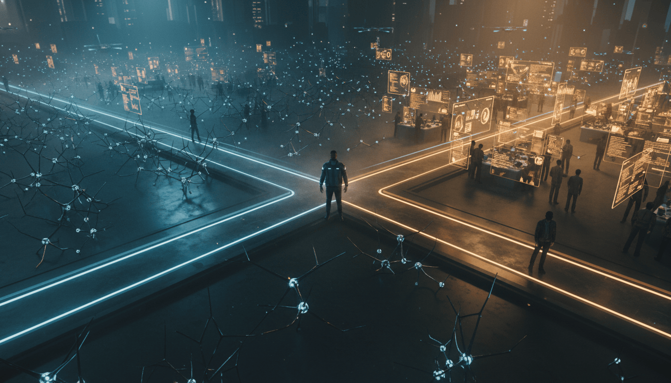 A software engineer at a crossroads in a futuristic cityscape — cool blue neural network nodes on one path, warm golden screens and collaborating people on the other