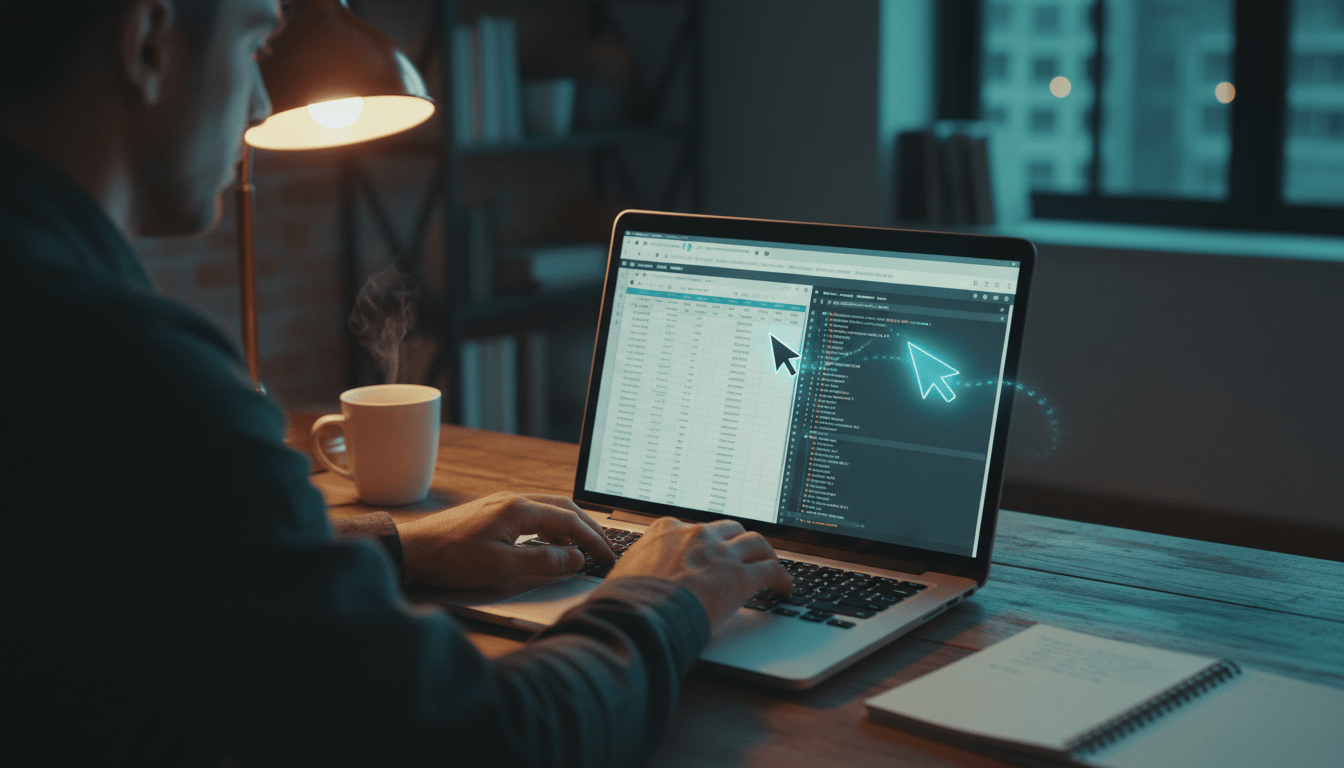 Over-the-shoulder view of a developer at a laptop, a spreadsheet and browser open on screen, with a second glowing translucent cursor beside the user's own -- an AI assistant co-piloting the desktop