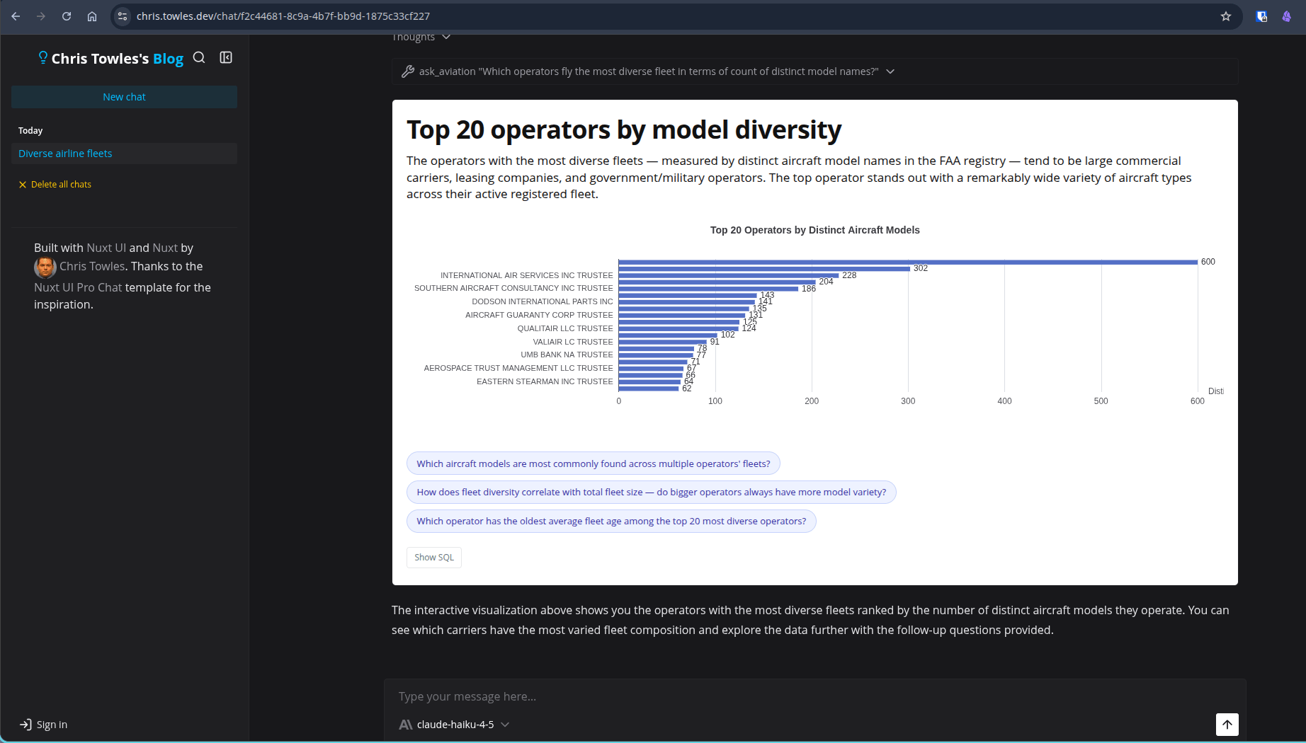 The same MCP iframe rendering inside Chris Towles's blog chat -- a Top 20 operators by model diversity bar chart over the FAA Aircraft Registry, with follow-up chips, served by the same /mcp/aviation server