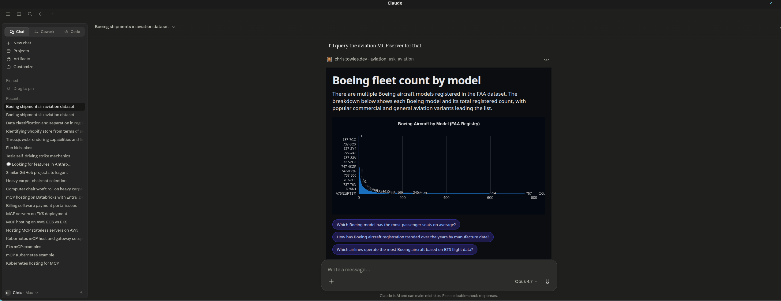 Claude Desktop rendering the aviation MCP tool result as an interactive card with a Boeing fleet chart