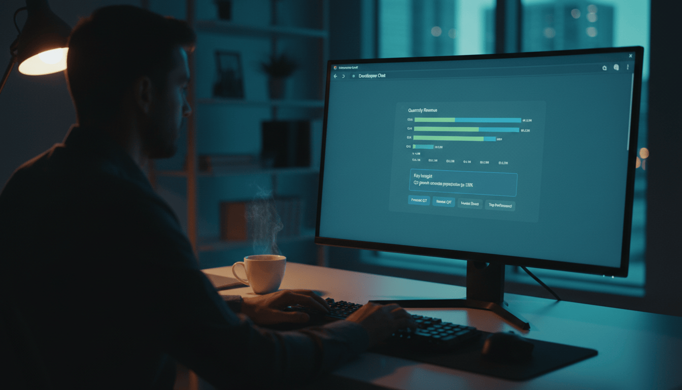 Over-the-shoulder view of a developer at a modern home-office desk in the evening, focused on a large monitor showing a chat interface with a horizontal bar chart and follow-up question chips rendered inline in the conversation, warm desk-lamp lighting balanced against the cool blue glow of the screen, coffee cup and mechanical keyboard on the desk