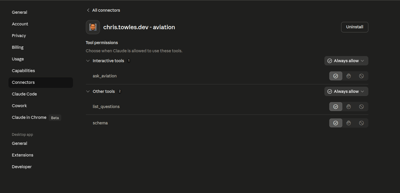 chris.towles.dev - aviation connector page showing Interactive tools (ask_aviation, 1) separated from Other tools (list_questions, schema, 2), each toggled to Always allow