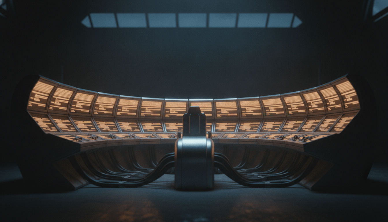 A pilot cockpit built from curved terminal panels glowing amber, wrapping around an empty seat in a dark hangar