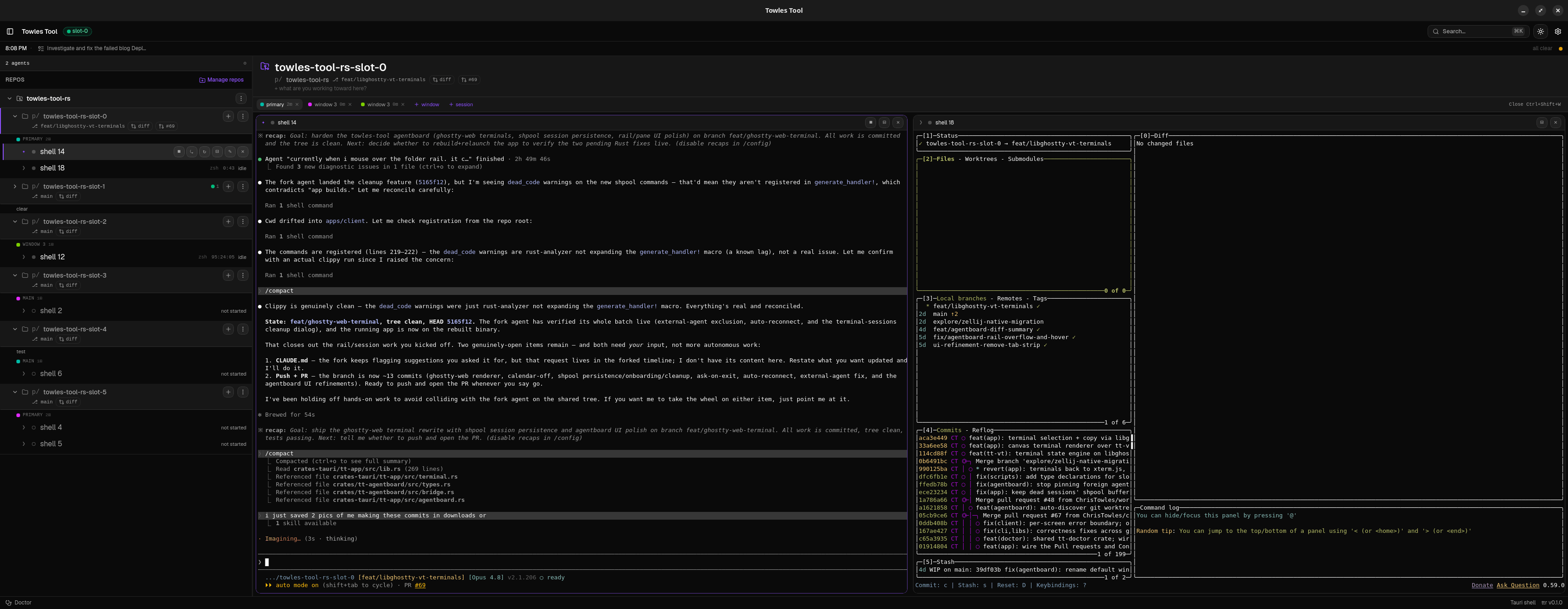 The towles-tool-rs dashboard mid-migration: sidebar of repos and agent slots, an active Claude Code session, and a branch diff panel all open at once