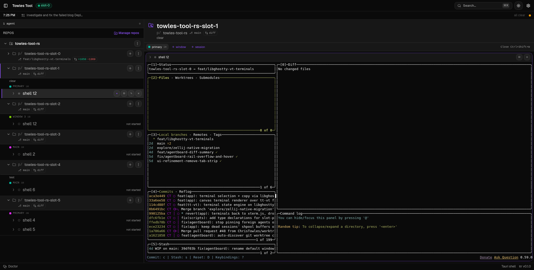 lazygit running full-width in the app, rendered from libghostty frames. The commits panel is showing this migration's own commits.