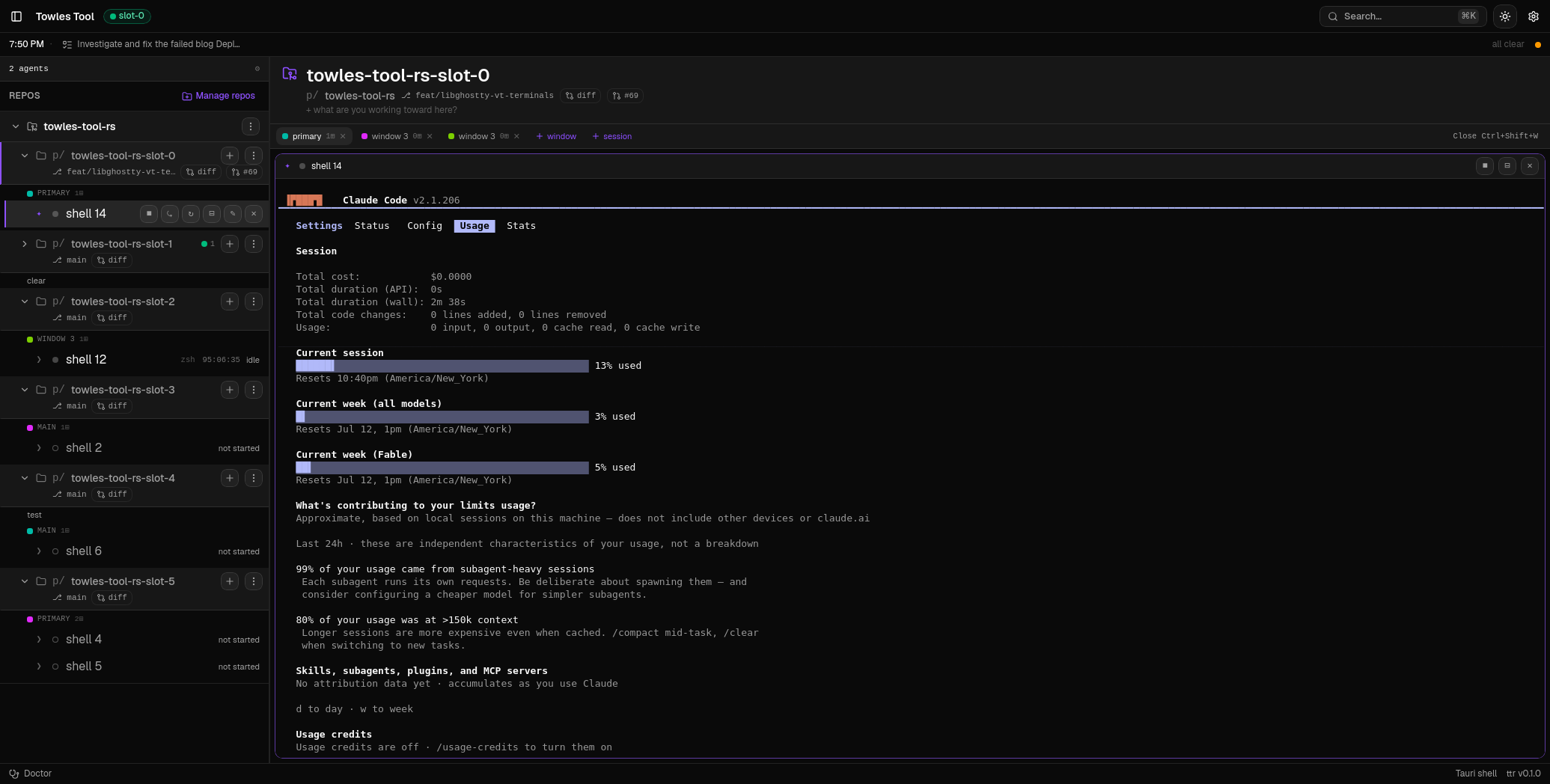 Claude Code's /usage screen running inside the libghostty-backed terminal: current week (Fable) 5% used