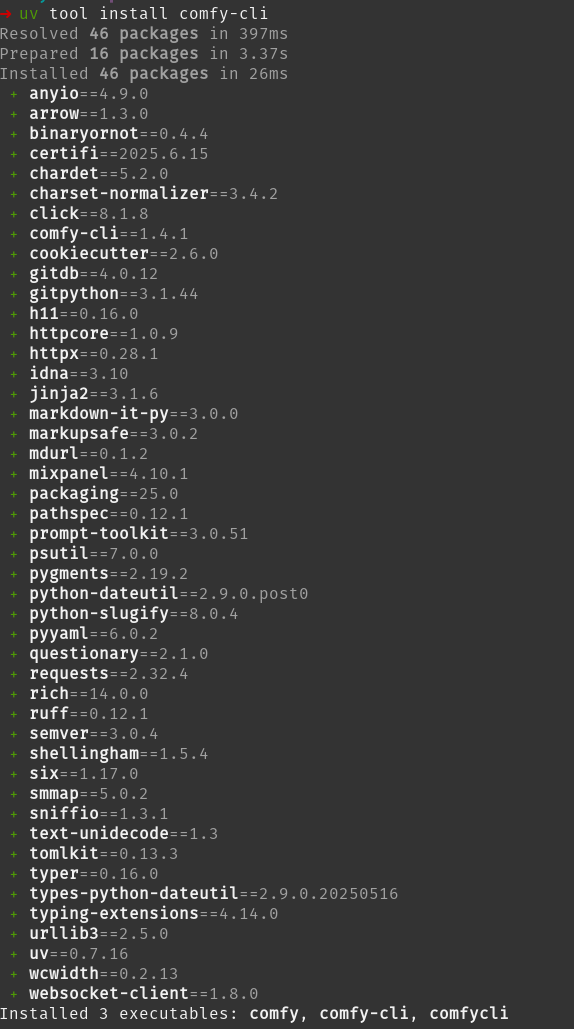 ComfyUI installation process using uv tool manager