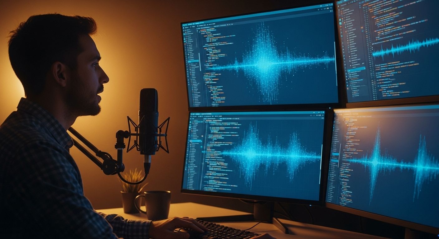 A cinematic professional photograph showing a developer at a modern workstation, speaking into a high-quality microphone while code appears on multiple monitors in real-time as sound waves transform into visible text. The scene features warm golden light illuminating the speaker contrasted with cool blue screen glow, creating a contemplative mood about the evolution from traditional typing to voice-driven development workflows."