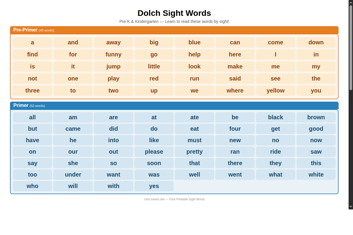 A colorful grid of Dolch sight words organized by grade level with color-coded sections