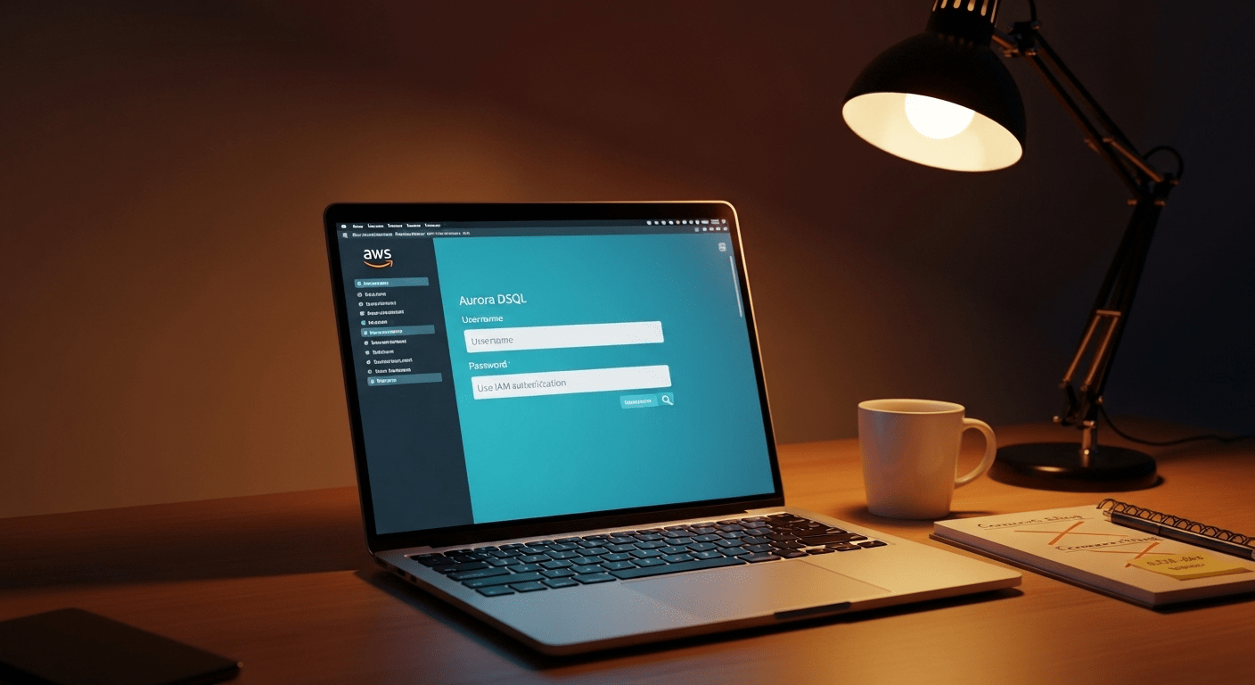 A software engineer's desk with a MacBook Pro displaying AWS Console with Aurora DSQL connection details, the screen showing empty username and password fields with only "Use IAM authentication" text, a coffee mug and notebook nearby showing crossed-out connection string notes. Dramatic side lighting creates strong contrast between the cool blue glow of the laptop screen and warm desk lamp illumination, shallow depth of field focusing on the screen. Cinematic realism, professional photography quality, 8k detail, high contrast color grading with teal screen glow and warm orange ambient light, contemplative and slightly frustrated atmosphere, rule of thirds composition with negative space on the right.
