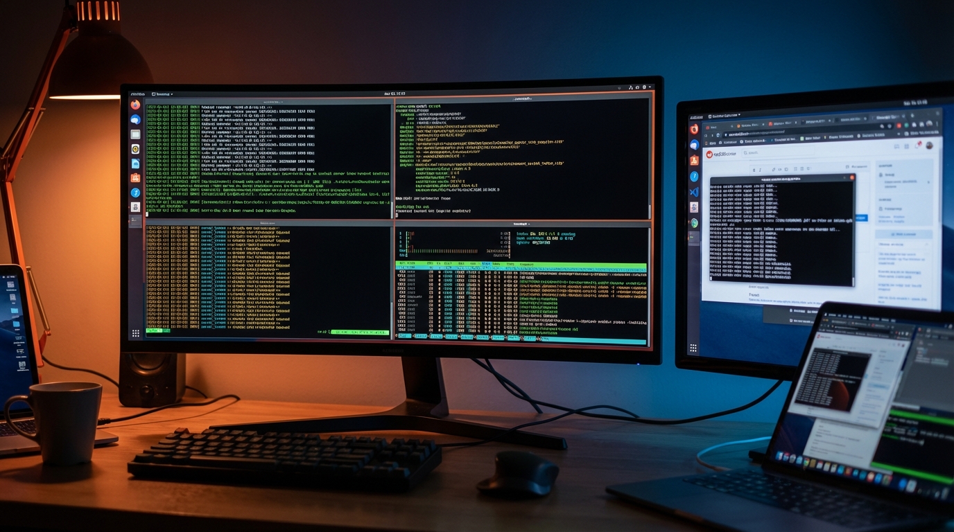 A developer's ultrawide monitor displaying an elegantly organized terminal with multiple glowing panes arranged in a perfect grid, each pane showing different running processes with subtle green and amber terminal text. In the foreground, scattered and overlapping browser tabs and terminal windows fade into chaos on a secondary display, creating visual contrast between disorder and order. Dramatic side lighting with warm rust-orange accent lighting reflecting off the organized screen while cool blue tones illuminate the chaotic side, cinematic depth of field focusing on the organized terminal. Photorealistic, 8k quality, moody developer workspace atmosphere, high contrast color grading with teal shadows and warm highlights, 16:9 composition.