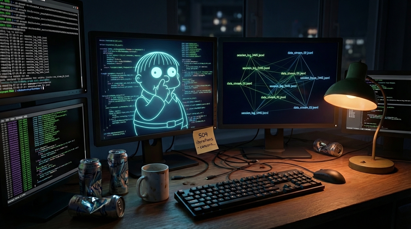 A developer's desk at 3am illuminated by multiple monitors showing endless loops of terminal output and code, an empty coffee mug and scattered energy drink cans nearby. One monitor displays a glowing circular arrow symbol representing infinite iteration, another shows JSONL session files being connected like constellation lines. Dramatic blue screen glow contrasts with warm desk lamp creating noir atmosphere, shallow depth of field focusing on a sticky note reading 