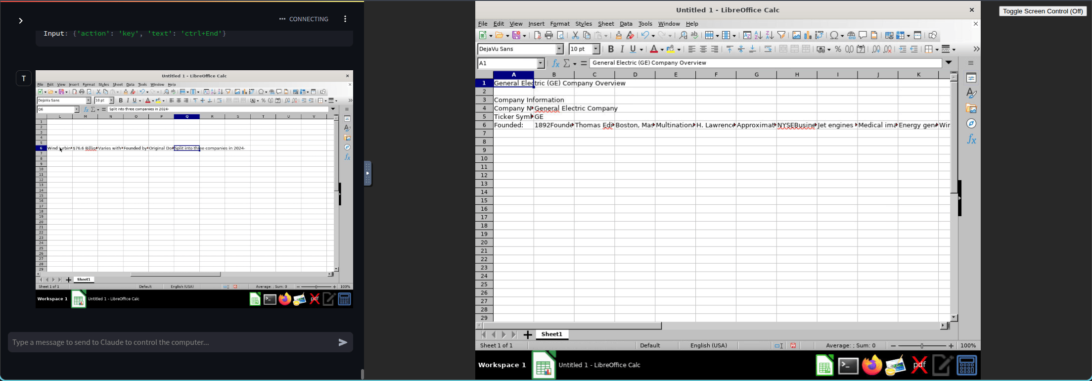 Claude driving LibreOffice Calc inside the container
