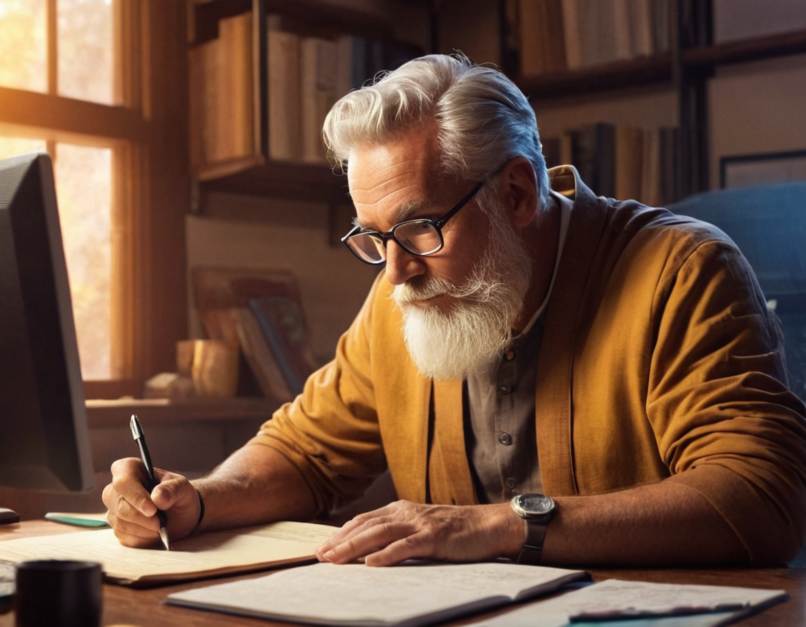 Screenshot of senior developer at desk and computer and writing a document of best practices