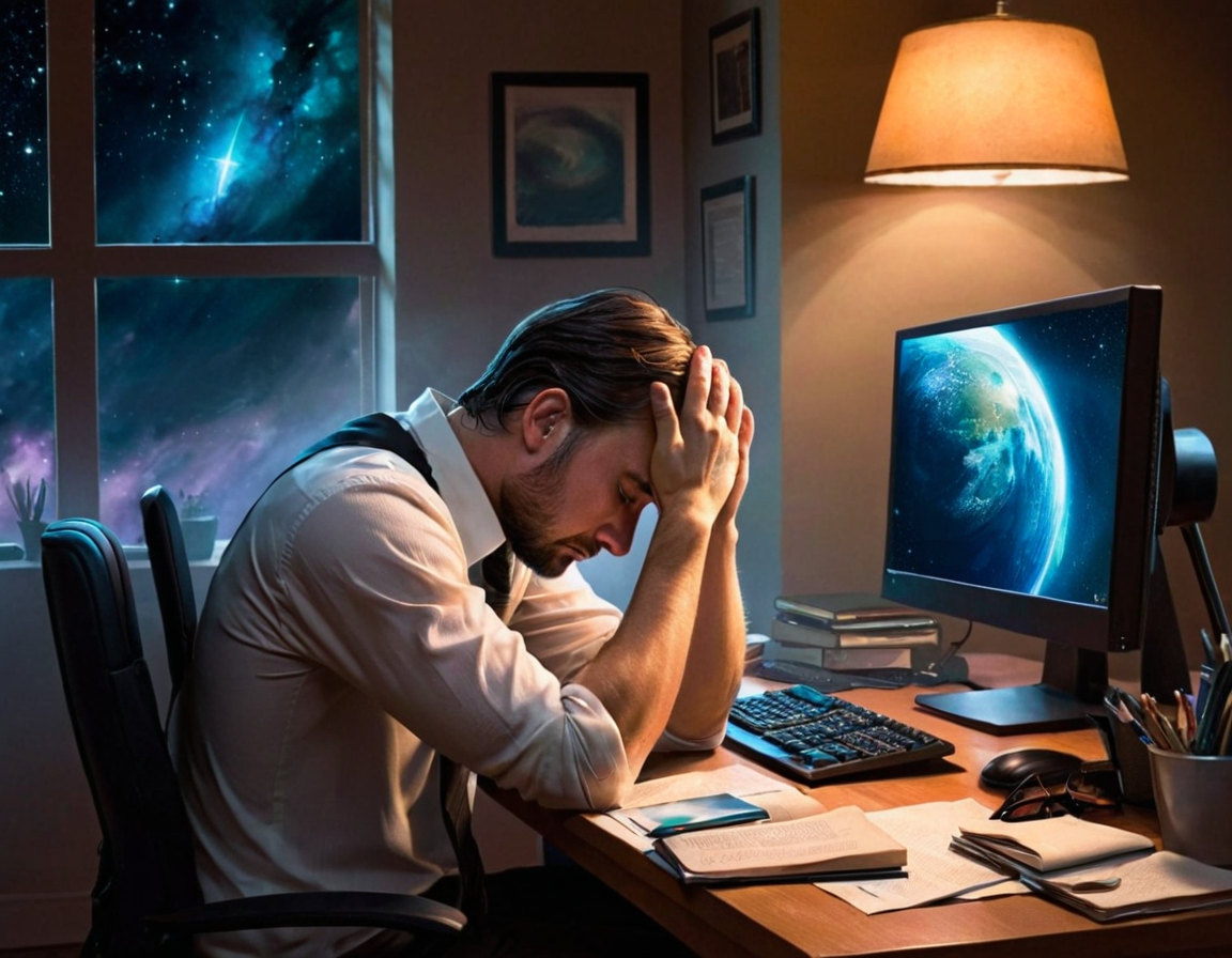 the man is seated at his desk at his computer with his back to the camera head in his hands crying