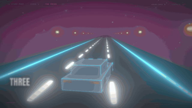 From the video for The Steep Part: a wireframe Prius drifts across a neon highway under the caption "Three years back my Prius barely held its lane"