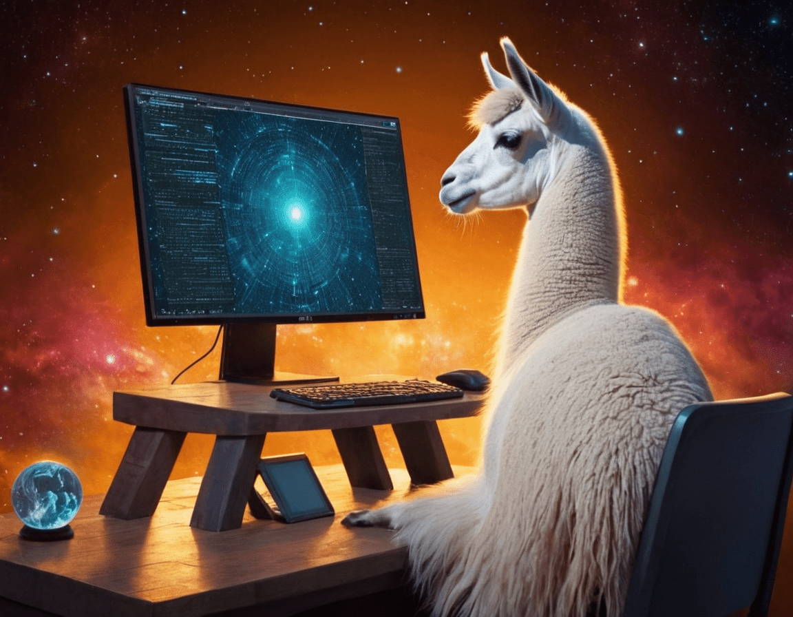 A llama looking at a screen with code on it